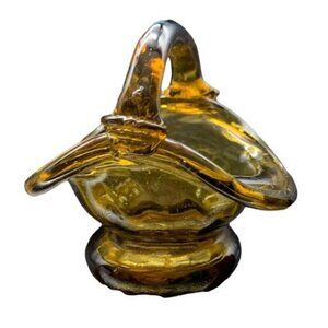 Vintage Avalos Mexican Hand Blown Glass Basket Amber Yellow Miniature 2.5"x3"